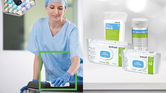 Nurse cleaning operating room with Ecolab Wipe
